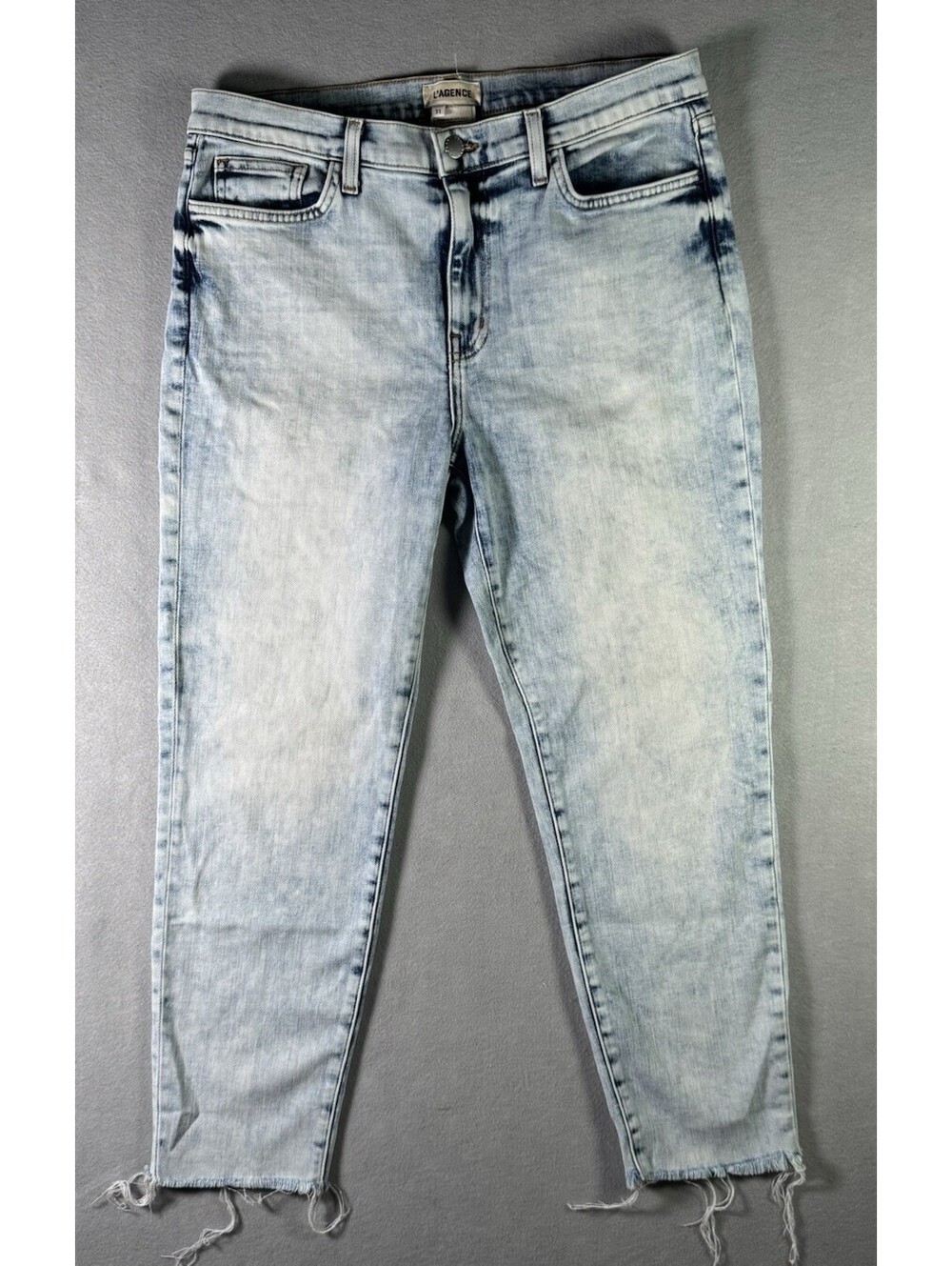 L'AGENCE El Matador High Rise Slim Jeans Marble Acid Wash Size 31 Raw Hem